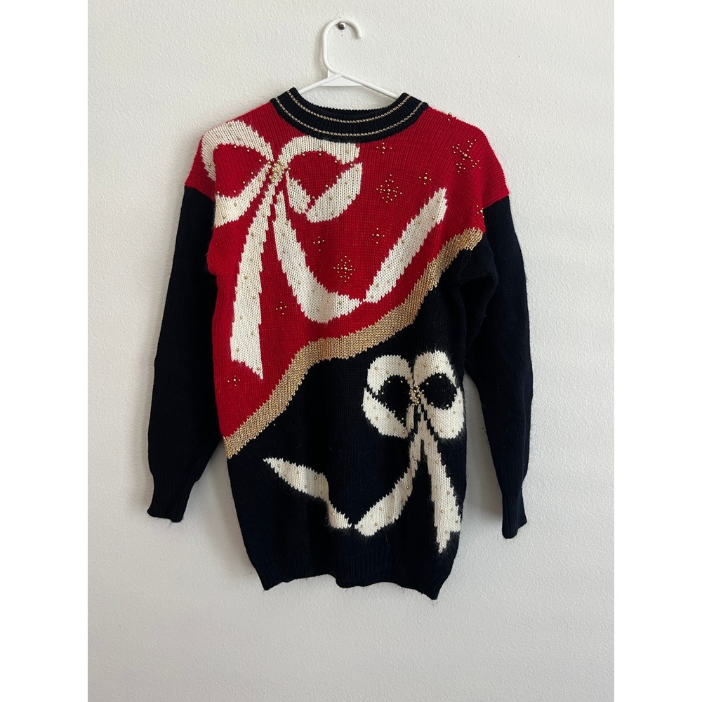 Dana Scott Vintage Holiday Bow Sweater Red Black‎ Gold Metallic Beaded Small